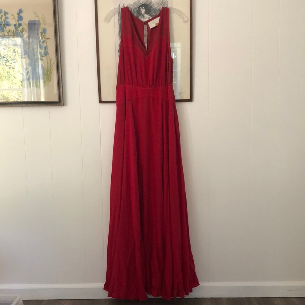 Leifsdottir (Anthropologie) floor-length red silk dress.